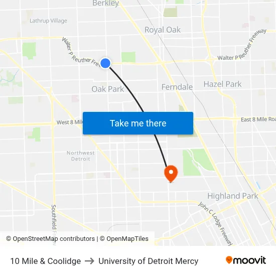 10 Mile & Coolidge to University of Detroit Mercy map