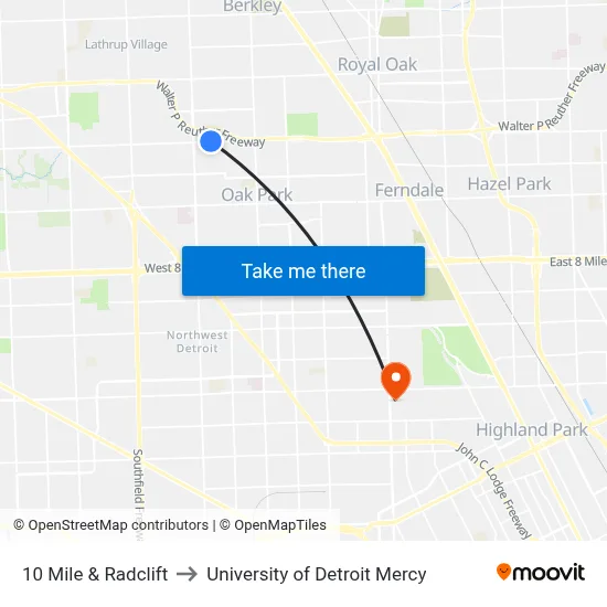 10 Mile & Radclift to University of Detroit Mercy map