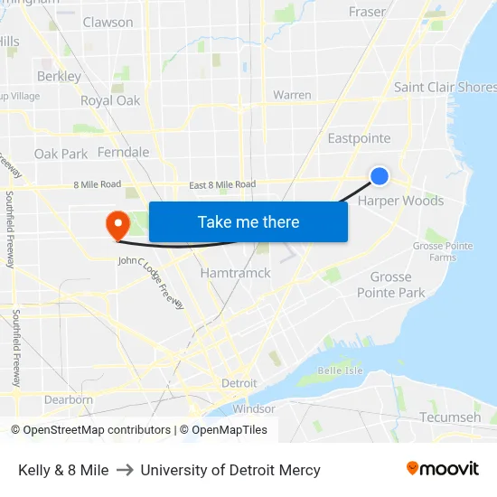 Kelly & 8 Mile to University of Detroit Mercy map