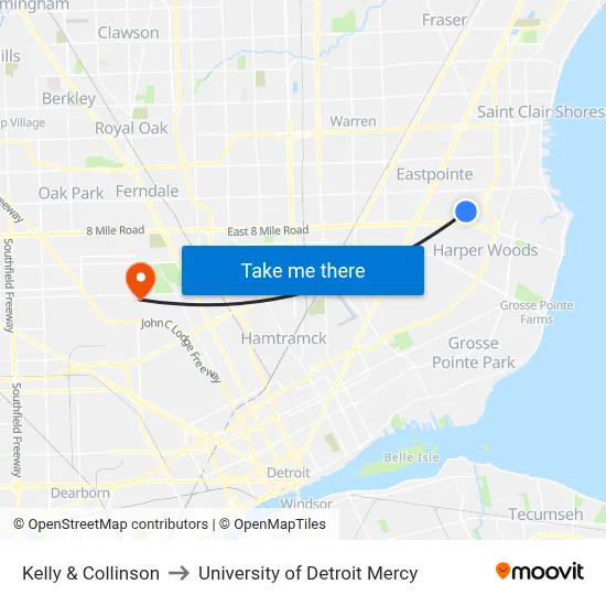Kelly & Collinson to University of Detroit Mercy map