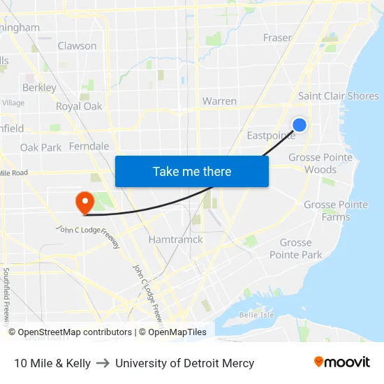 10 Mile & Kelly to University of Detroit Mercy map