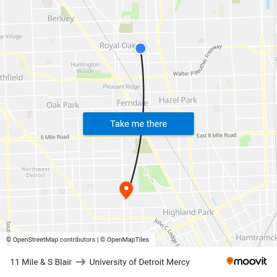 11 Mile & S Blair to University of Detroit Mercy map