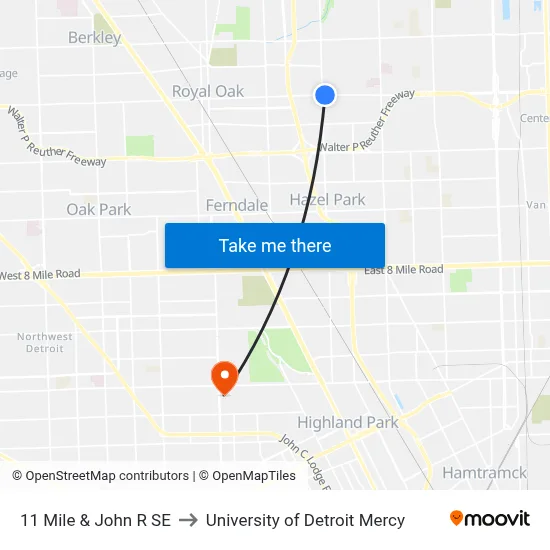 11 Mile & John R SE to University of Detroit Mercy map
