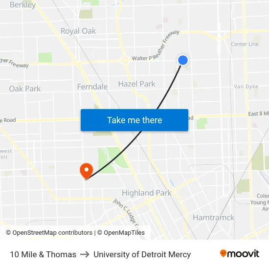 10 Mile & Thomas to University of Detroit Mercy map