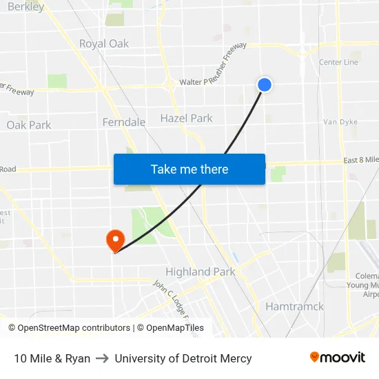 10 Mile & Ryan to University of Detroit Mercy map