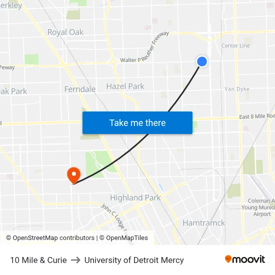 10 Mile & Curie to University of Detroit Mercy map