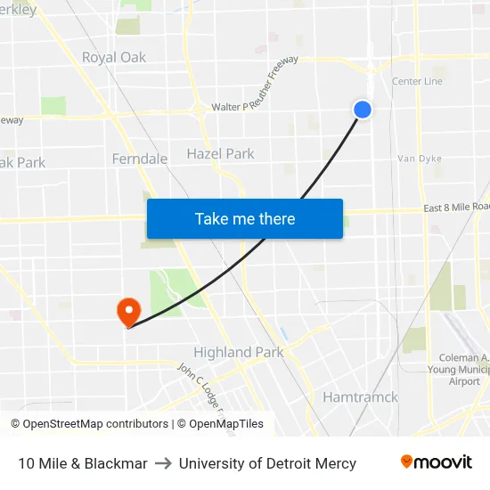 10 Mile & Blackmar to University of Detroit Mercy map