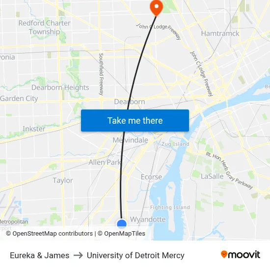 Eureka & James to University of Detroit Mercy map