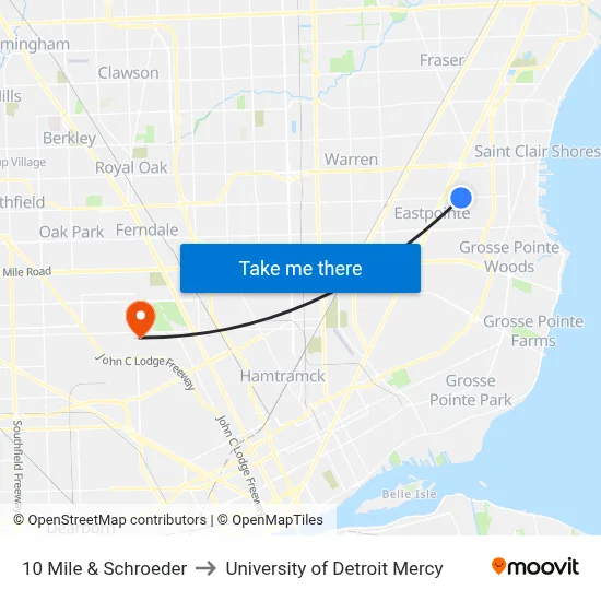 10 Mile & Schroeder to University of Detroit Mercy map
