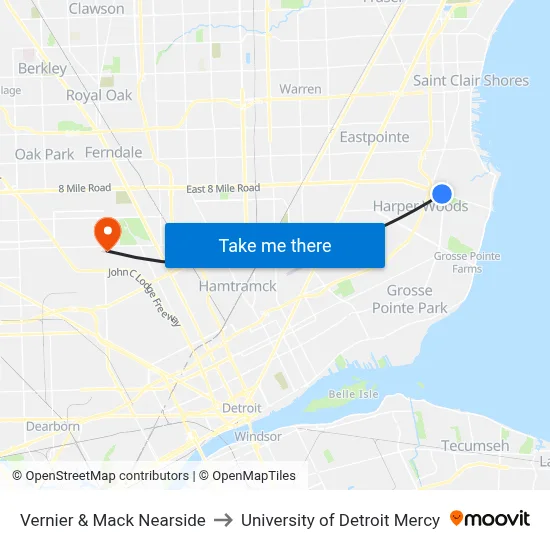 Vernier & Mack Nearside to University of Detroit Mercy map