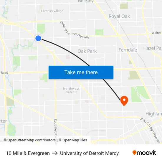 10 Mile & Evergreen to University of Detroit Mercy map