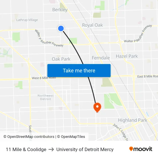 11 Mile & Coolidge to University of Detroit Mercy map