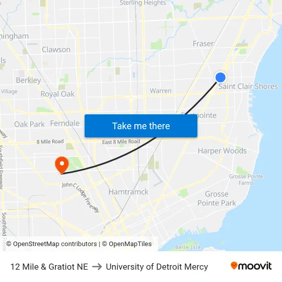 12 Mile & Gratiot NE to University of Detroit Mercy map