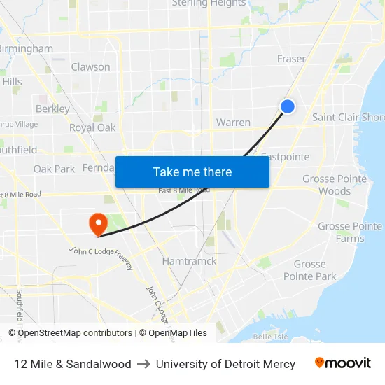 12 Mile & Sandalwood to University of Detroit Mercy map