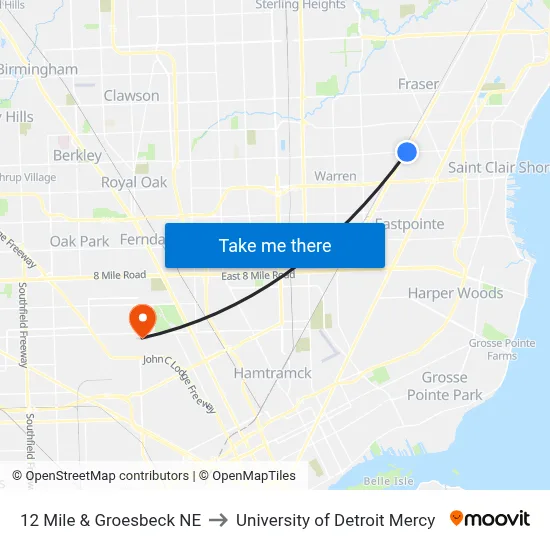 12 Mile & Groesbeck NE to University of Detroit Mercy map