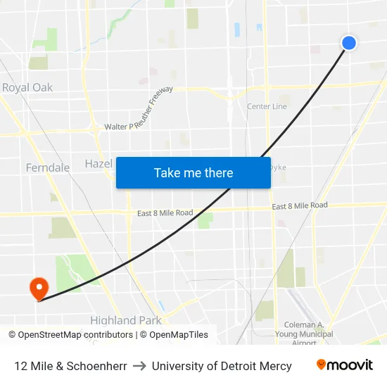 12 Mile & Schoenherr to University of Detroit Mercy map