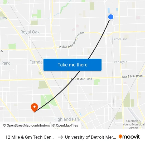 12 Mile & Gm Tech Center to University of Detroit Mercy map