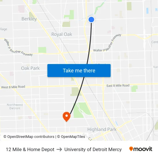 12 Mile & Home Depot to University of Detroit Mercy map