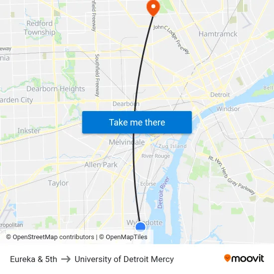 Eureka & 5th to University of Detroit Mercy map