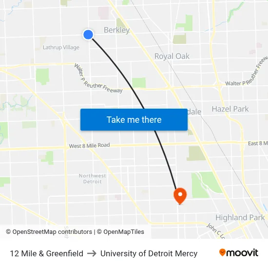 12 Mile & Greenfield to University of Detroit Mercy map