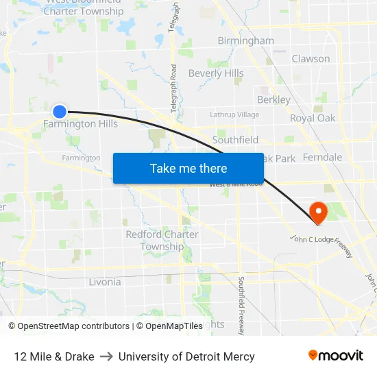 12 Mile & Drake to University of Detroit Mercy map