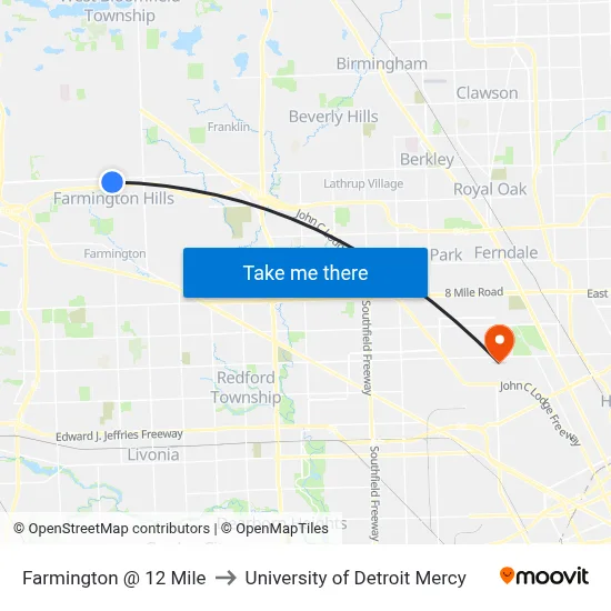 Farmington @ 12 Mile to University of Detroit Mercy map