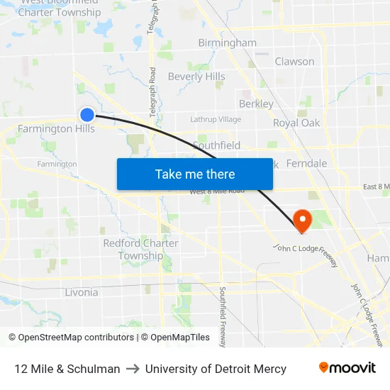 12 Mile & Schulman to University of Detroit Mercy map