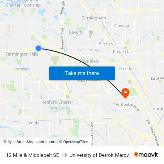12 Mile & Middlebelt SE to University of Detroit Mercy map