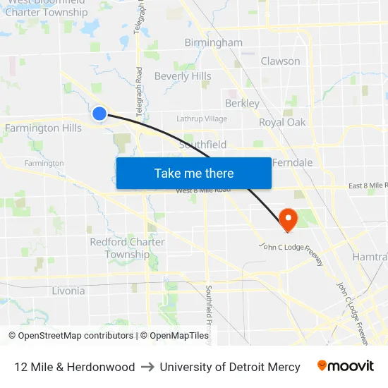 12 Mile & Herdonwood to University of Detroit Mercy map