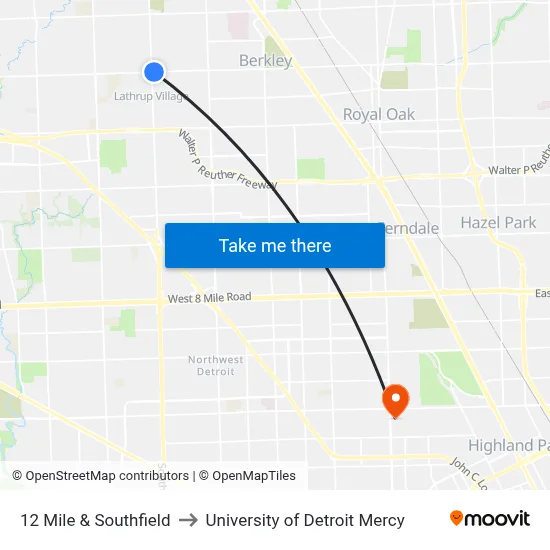 12 Mile & Southfield to University of Detroit Mercy map
