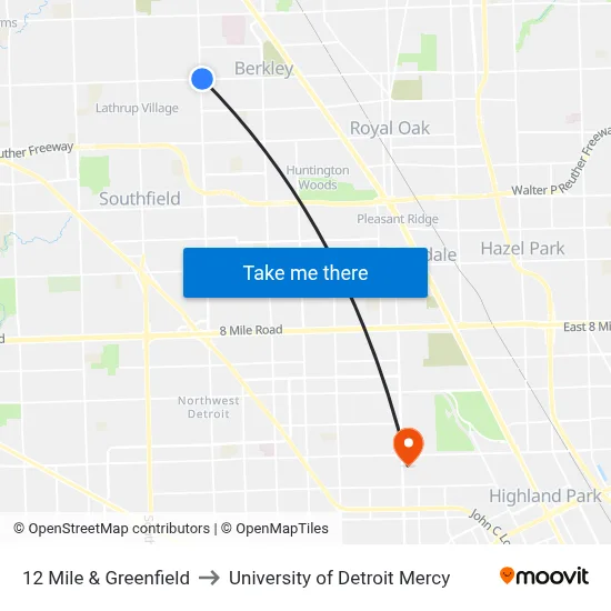 12 Mile & Greenfield to University of Detroit Mercy map