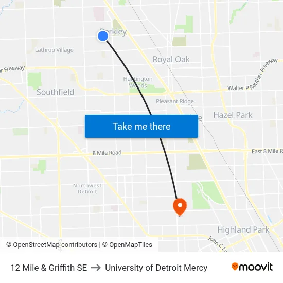 12 Mile & Griffith SE to University of Detroit Mercy map