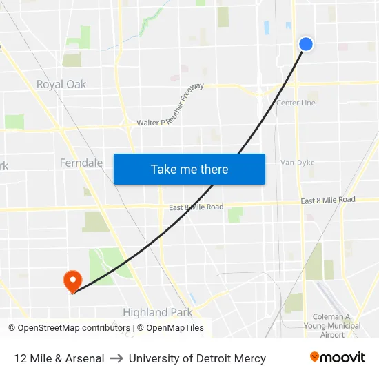 12 Mile & Arsenal to University of Detroit Mercy map
