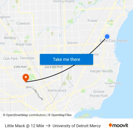 Little Mack @ 12 Mile to University of Detroit Mercy map