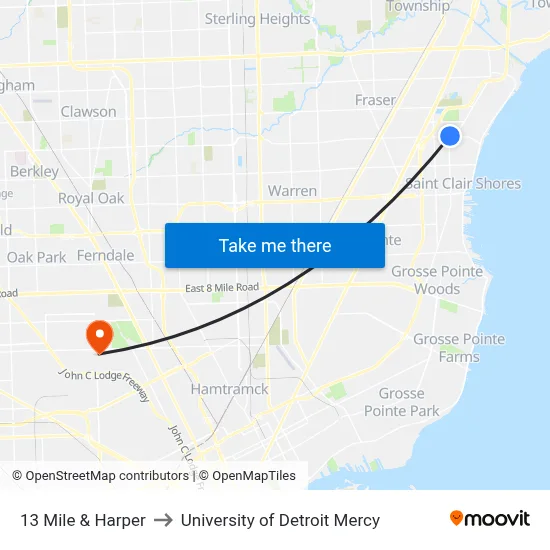 13 Mile & Harper to University of Detroit Mercy map