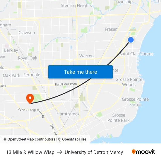 13 Mile & Willow Wisp to University of Detroit Mercy map