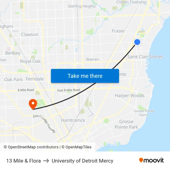 13 Mile & Flora to University of Detroit Mercy map