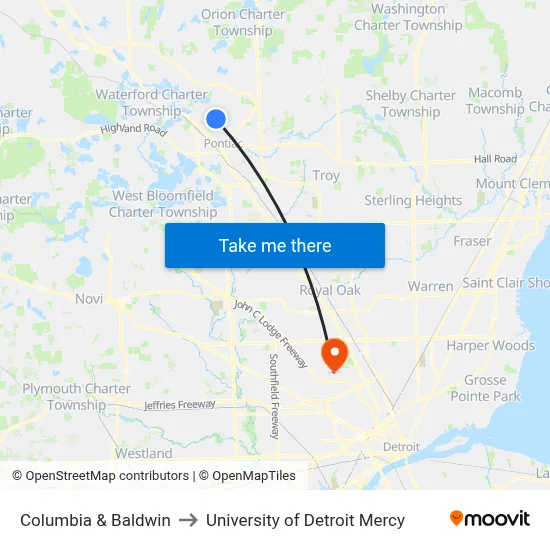 Columbia & Baldwin to University of Detroit Mercy map
