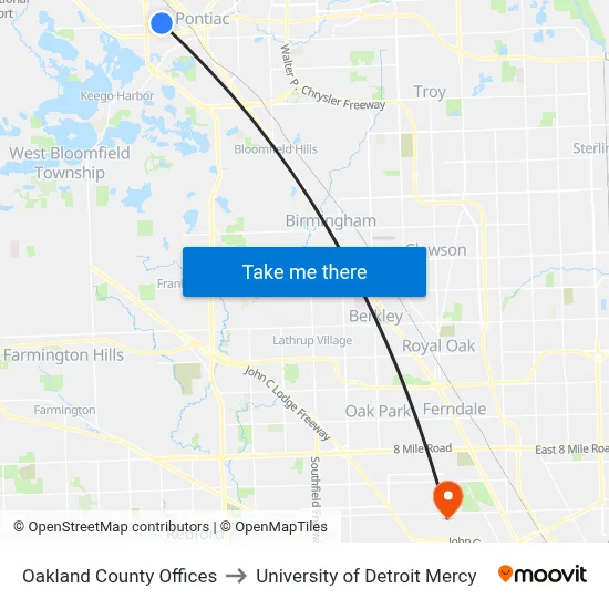 Oakland County Offices to University of Detroit Mercy map