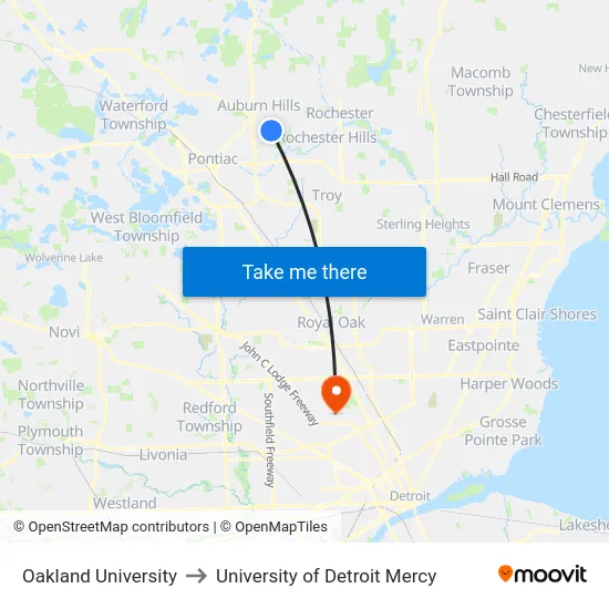 Oakland University to University of Detroit Mercy map