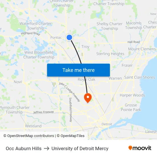 Occ Auburn Hills to University of Detroit Mercy map
