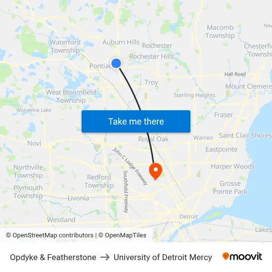 Opdyke & Featherstone to University of Detroit Mercy map