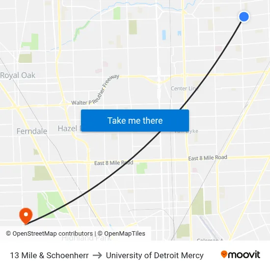 13 Mile & Schoenherr to University of Detroit Mercy map