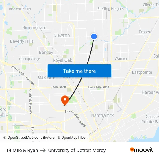 14 Mile & Ryan to University of Detroit Mercy map