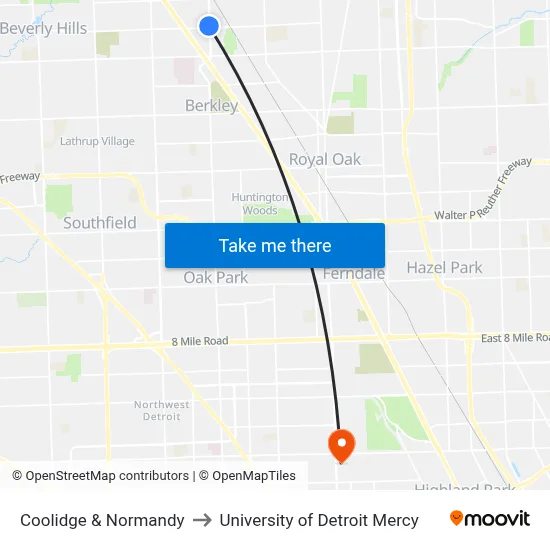 Coolidge & Normandy to University of Detroit Mercy map