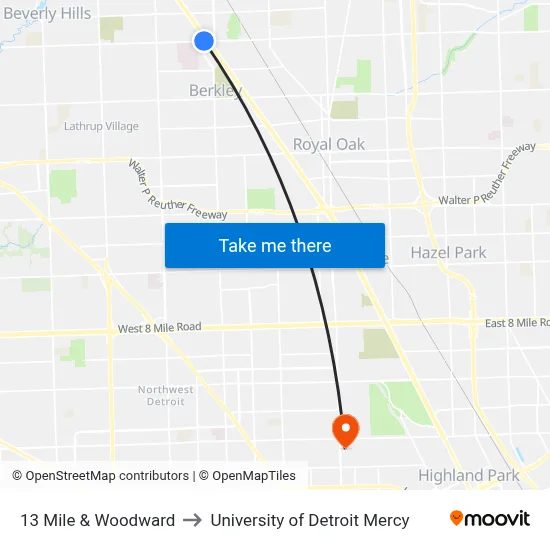 13 Mile & Woodward to University of Detroit Mercy map