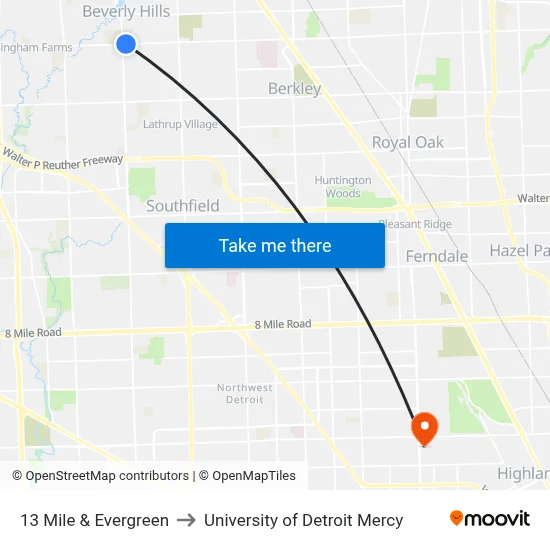 13 Mile & Evergreen to University of Detroit Mercy map