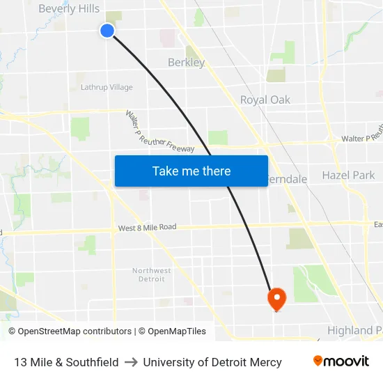 13 Mile & Southfield to University of Detroit Mercy map