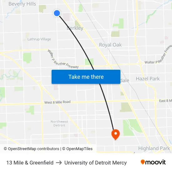 13 Mile & Greenfield to University of Detroit Mercy map