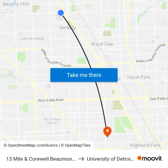 13 Mile & Corewell Beaumont Hospital to University of Detroit Mercy map